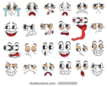 Retro cartoon faces. Funny 30s mascot character facial expressions, emotions and reactions with pie eyes for rubber hose style characters design. Isolated vector illustration set.