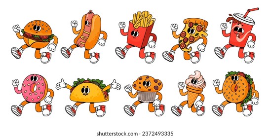 Retro cartoon fast food. Vintage 60s food mascot characters. Groovy 70s stickers in trendy style. Comic soda, crazy burger, psychedelic hot dog, cute pizza face. Vector set. Walking taco, muffin