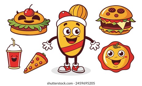 Retro cartoon fast food. Vintage 60s food mascot characters. Groovy 70s stickers in trendy style. Comic soda, crazy burger, psychedelic hot dog, cute pizza face. flat Vector set