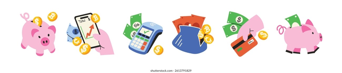 Retro Cartoon Finance Stickers – Money, Piggy Bank, Bills, Coins, Analytics. Hand-Drawn Money and Finance Stickers – Colorful Retro Business Pack