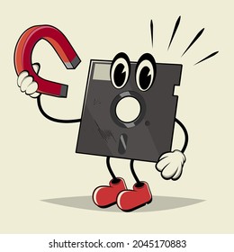 retro cartoon floppy disc holding big magnet