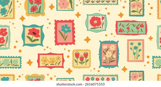 Retro cartoon floral frame illustration seamless pattern. Vintage style flower design collection. Geometric grid, mosaic natural bouquet decoration, spring season nature flowers.
