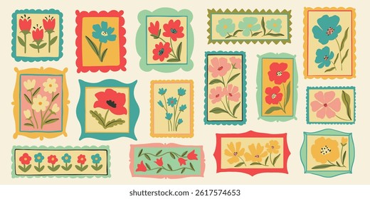 Retro cartoon floral frame illustration set. Vintage style flower design collection. Geometric grid, mosaic natural bouquet decoration, spring season nature flowers.