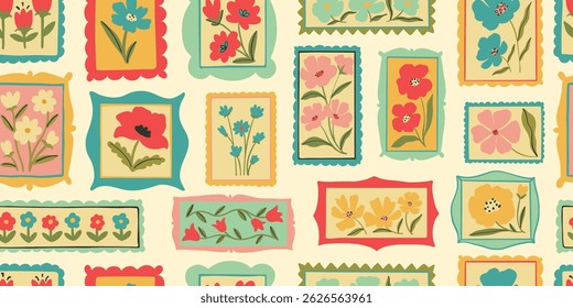 Retro cartoon floral frame illustration seamless pattern. Vintage style flower design collection. Geometric grid, mosaic natural bouquet decoration, spring season nature flowers.