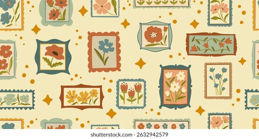 Retro cartoon floral frame illustration seamless pattern. Vintage style flower design collection. Geometric grid, mosaic natural bouquet decoration, spring season nature flowers