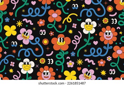 Retro cartoon flower character seamless pattern. Groovy funky comic daisy flower with eyes and abstract cloud shapes in trendy retro cartoon style. Vector background with wavy spiral and loop element.