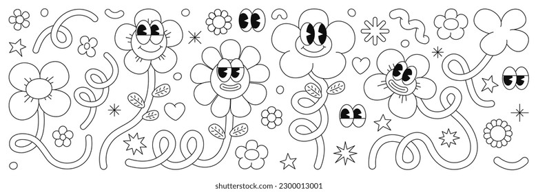 Retro cartoon flower character sticker pack. Groovy funky comic daisy flower with eyes and abstract cloud shapes in trendy retro cartoon style. Vector illustration with wavy spiral and loop elements.