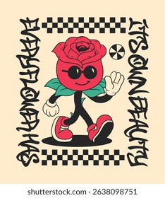 Retro Cartoon Flower Mascot. Vintage Motivational Poster with Every Flower Has It's Own Beauty Quote for T-Shirt or Wall Art