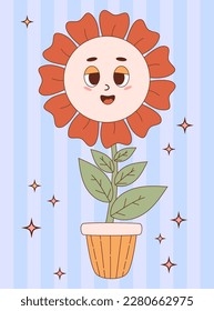 Retro cartoon flower power. Groovy cute daisy flower in pot. Vector illustration of vintage mascot character. Cool vertical modern nostalgic poster. Hippie 60s, 70s, style