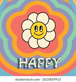 Retro cartoon flower with smiling face and the word happy on vibrant colorful psychedelic background