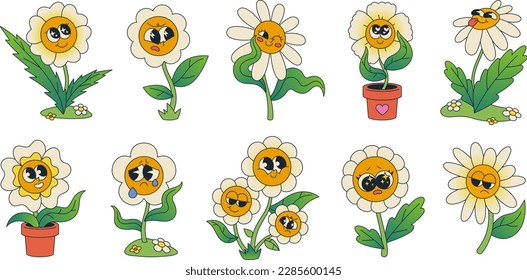 Retro cartoon flowers in pots, groovy daisy character with smiling face. Funky hippie flowers with different emotions, summer daisies mascot characters smiling, cute flowering plants vector set