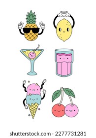 Retro cartoon food characters. Cocktails, fruits, ice cream. Stickers in trendy y2k style.