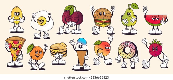 Retro cartoon food. Doodle cute colorful snacks and food figures with vintage comic animation emotions, funny kawaii characters with smiley faces. Vector set of fruit healthy cartoon illustration