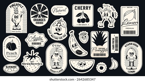 Retro cartoon food emblem. Fruit vintage comic stickers with funny faces, apple lemon banana orange raspberry mascot label. Vector foods and fruits comic characters set.