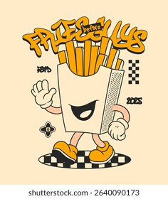 Retro Cartoon French Fries Character. Vintage Motivational Poster with Fries Before Guys Text for T-Shirt or Wall Art