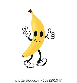 Retro cartoon fruit banana character. Modern illustration with cute comics characters. Hand drawn doodles of comic character. Trendy cartoon style. 70s-80s retro vibes. eps 10