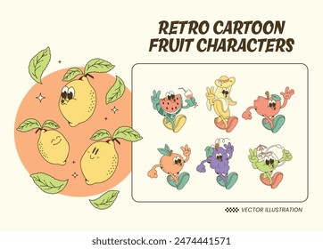 retro cartoon fruit characters, mascot characters, vector illustration