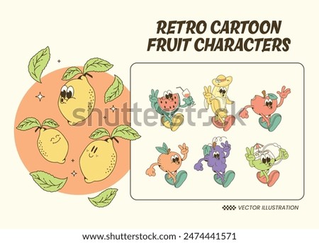 retro cartoon fruit characters, mascot characters, vector illustration