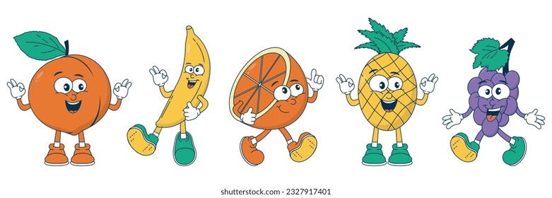 Retro cartoon fruit characters pineapple, banana, grape, orange, peach in funky style. Comic mascot with a happy face, arms, legs. Juicy, bright vector sticker in 90s style.