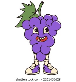 Retro cartoon fruit grape character. Modern illustration with cute comics characters. Hand drawn doodles of comic character. Trendy cartoon style. 70s-80s retro vibes