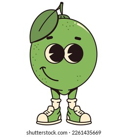 Retro cartoon fruit lime character. Modern illustration with cute comics characters. Hand drawn doodles of comic character. Trendy cartoon style. 70s-80s retro vibes.