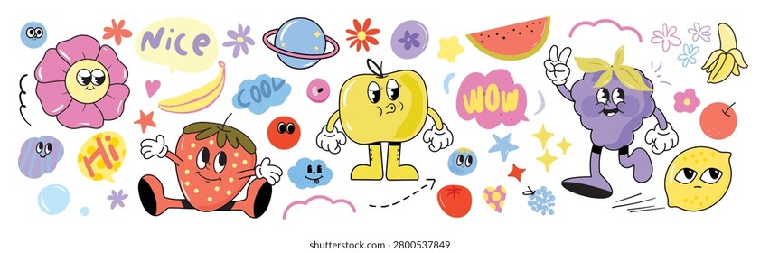 Retro cartoon fruit mascot vector set. Cute strawberry, grape, banana and lemon characters with playful doodle icons, flowers, stars and sticker elements.