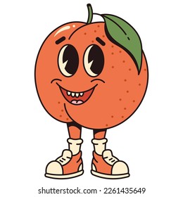 Retro cartoon fruit peach character. Modern illustration with cute comics characters. Hand drawn doodles of comic character. Trendy cartoon style. 70s-80s retro vibes.