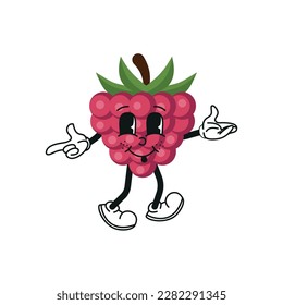 Retro cartoon fruit raspberries character. Modern illustration with cute comics characters. Hand drawn doodles of comic character. Trendy cartoon style. 70s-80s retro vibes. eps 10