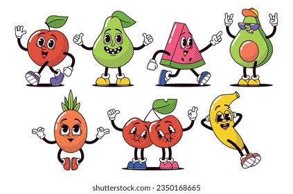 Retro Cartoon Fruits Apple, Pear, Watermelon Slice, Avocado and Pineapple. Cherries and Banana Characters