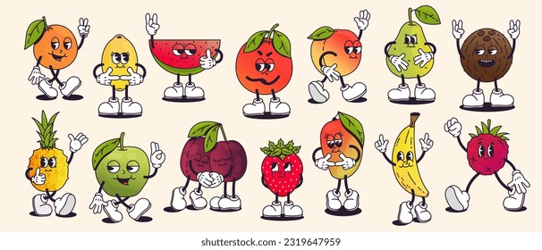 Frutas retro de dibujos animados. Caricatura adorable manzana, rostros anaranjados y pomelo, personajes cómicos groovy poses diferentes, frutas con emoción feliz. Conjunto aislado vectorial de ilustraciones de dibujos animados sanos de frutas