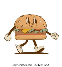 Caricatura retro personaje divertido de la hamburguesa. Hamburguesa de comida callejera vintage, imagen vectorial de mascota de sándwich. Nostalgia de los años 60, 70 y 80