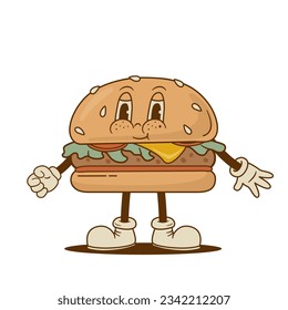 Retro cartoon funny burger character. Vintage street food hamburger mascot vector illustration. Nostalgia 60s, 70s, 80s