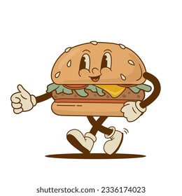 Retro cartoon funny burger characters, mascot. Vintage fast food hamburger vector illustration. Nostalgia 