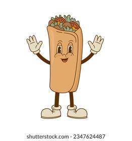 Retro cartoon funny burritos characters. Vintage taco, doner kebab, pita mascot vector illustration. Nostalgia 60, 70s, 80s
