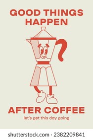 Retro cartoon funny characters posters. Vintage drink illustration. Latte, cappuccino, coffee cup, fresh juice mascot. Nostalgia 60, 70s, 80s. Print for cafe. For cafe. Vector isolated on background