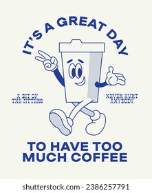 Retro cartoon funny characters posters. Vintage drink illustration. Latte, cappuccino, coffee cup, fresh juice mascot. Nostalgia 60, 70s, 80s. Print for cafe. For cafe. Vector isolated on background