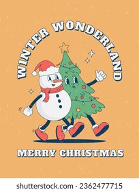 Retro cartoon funny Christmas character poster. Vintage Christmas tree and snowman mascot vector illustration. Nostalgia 60s, 70s, 80s. Xmas, New year decoration, postcard, print