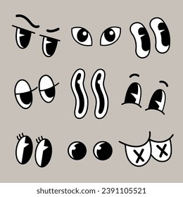 Retro cartoon funny eyes. Groovy vintage 30s 60s 70s eyes with various emotions