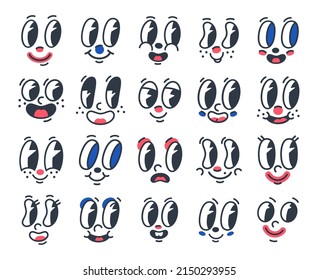 Retro cartoon funny faces, 30s comic caricature mascot emotions. Comic book characters with cute smiling mouths and eyes vector symbols illustrations set. Cartoon faces collection