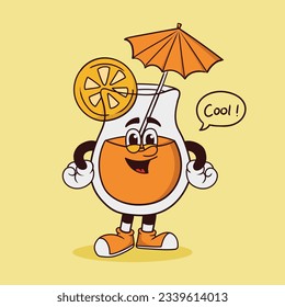 retro cartoon funny, groovy character, orange juice groovy cartoon character