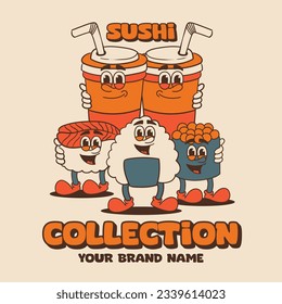 retro cartoon funny, groovy character, sushi groovy cartoon character