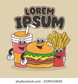 retro cartoon funny, groovy character, fastfood groovy cartoon character, burger and french fries cartoon