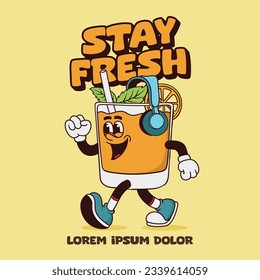 retro cartoon funny, groovy character, orange juice groovy cartoon character