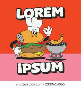 retro cartoon funny, groovy character, burger groovy cartoon character