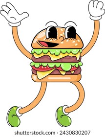 Retro cartoon funny happy burger character. Vintage street food hamburger, sandwich mascot vector illustration. Nostalgia 60s, 70s, 80s