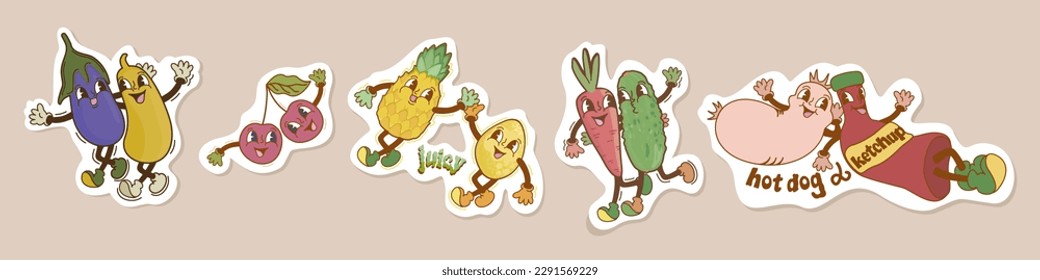 Retro cartoon funny heroes with gloved hands. Set of comic characters. Cute vegetables and fruits. Retro cartoon sticker collection.