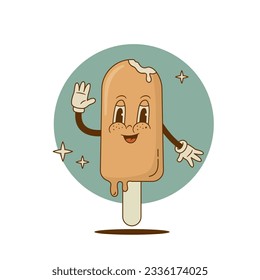 Retro cartoon funny Ice cream on stick character, cute mascot. Vintage street food vector illustration. Nostalgia 60s, 70s, 80s