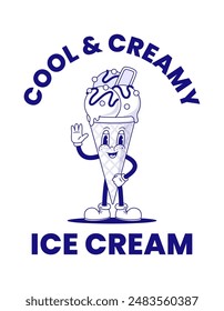 Retro cartoon funny ice cream cone character vector illustration. Fast food poster, summer print, logo emblem.  