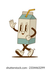 Retro cartoon funny milk character, mascot. Vintage vector illustration. Nostalgia 60s, 70s, 80s