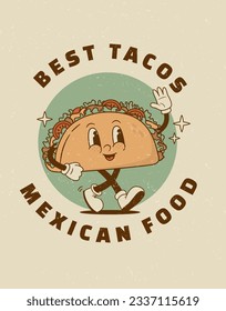 Retro cartoon funny taco character poster. Vintage mexican street food mascot vector illustration. Nostalgia 60s, 70s, 80s